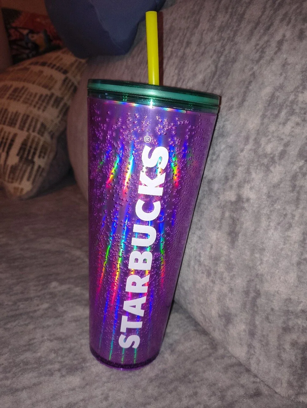 Starbucks Purple Iridescent Cold Cup with Green Lid and Yellow Straw